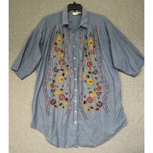 Go Softly Shirt Dress Size 2X Blue Chambray Denim Embroidered Artsy Porch House - Picture 1 of 11